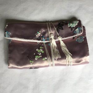 Vintage Pink Satin Jewelry Roll with Bonsai Tree and Rose Design